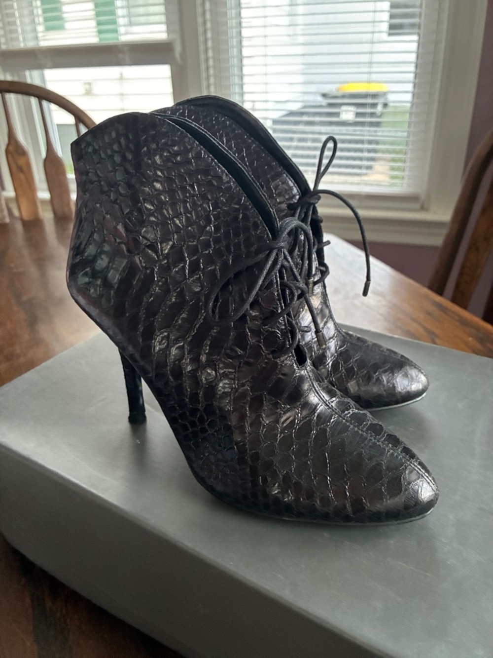 Vince Camuto Black Faux Snakeskin Lace-Up Stiletto Ankle Boots